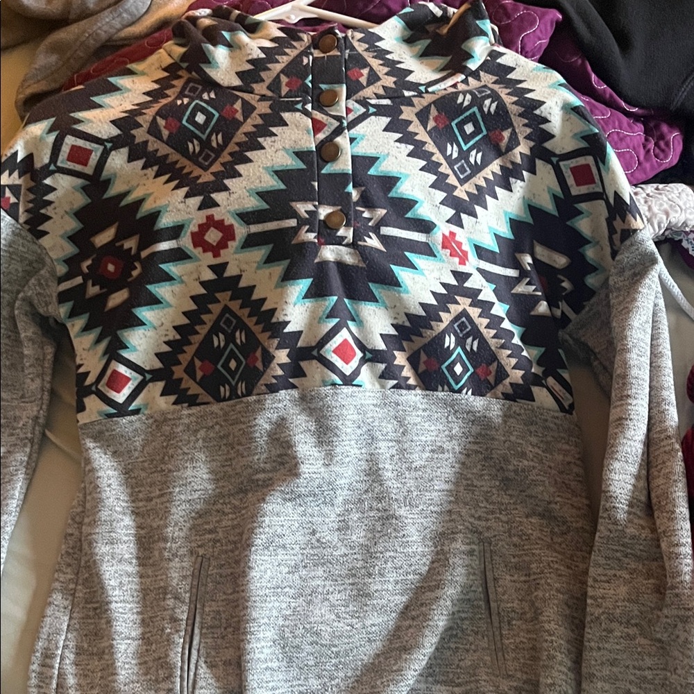 Aztec Print Hoodie with Gray Sleeves